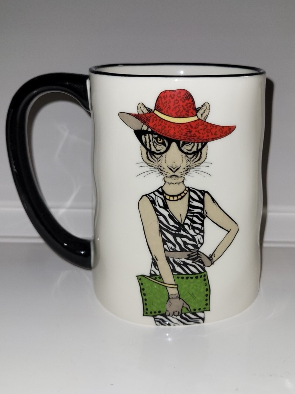 Signature Houseware Hipster Animal Tiger Cat Mug Red Hat Green Purse - 17oz